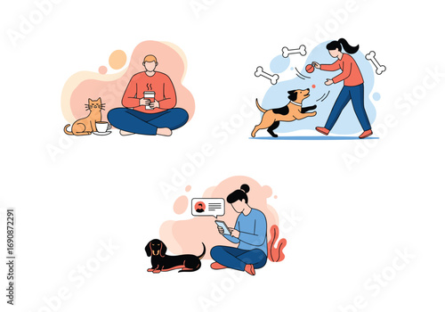 People spending quality time relaxing and playing with their beloved pets indoors