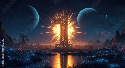 SciFi Alien Landscape with Glowing Number One Monument