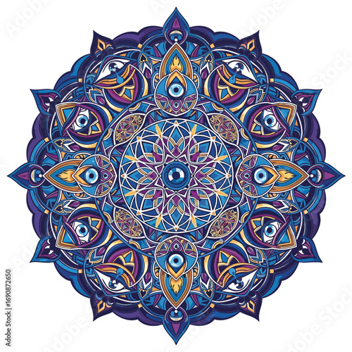 Ornate blue and purple mandala with protective evil eye symbols and sacred geometry.
