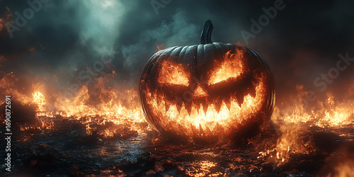 Ritualistic pumpkin with a flaming smile — Halloween, occult, atmospheric, seasonal trend
