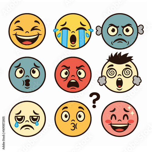 Pack of expressive emoji faces designed in cartoon style, humorous comic characters with emotional reactions for fun, digital design, messaging apps, and creative illustration assets