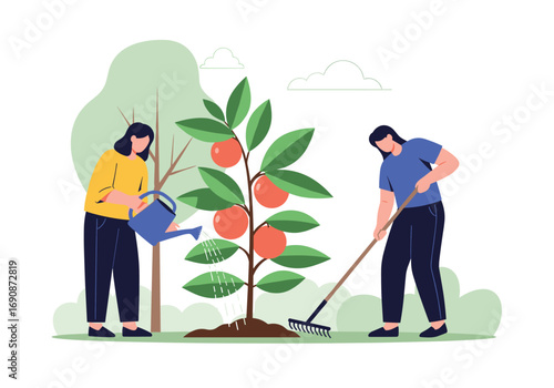 Two people caring for a young orange tree planting and watering in a garden