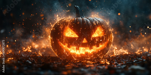 Possessed pumpkin lighting the autumn night — Halloween, horror, evocative, authentic
