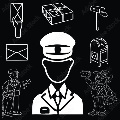 Set of mail and postal service icons featuring mail carrier figures envelopes parcels mailboxes and delivery symbols representing worldwide postal communication and services
