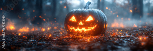 Enchanted pumpkin with flaming eyes — Halloween, mystical, sinister, autumnal