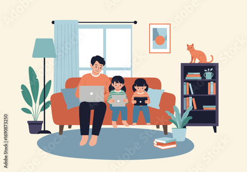 Family working and studying together at home using laptops and tablet device