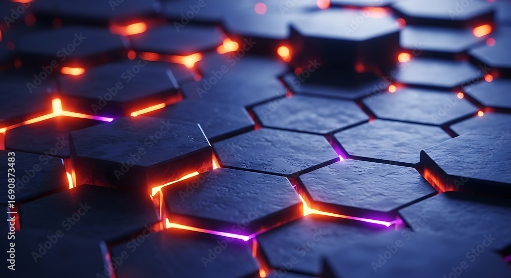 Fototapeta premium Abstract hexagonal grid with glowing orange and purple edges for modern technology background