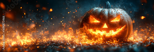Embering pumpkin on leaf-covered ground — autumn, celebration, scary, detailed