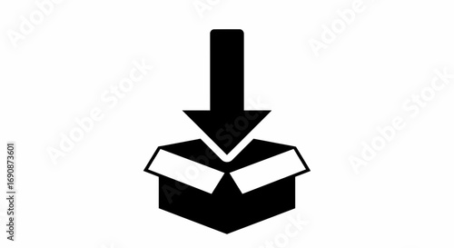 Black icon of an arrow pointing down into an open box