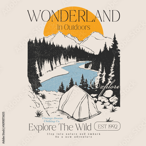 Wonderland in Outdoors Illustration: A captivating illustration portrays a wilderness scene. perfect for tee shirt sweatshirt prints for men's women's and kids child fashion, 