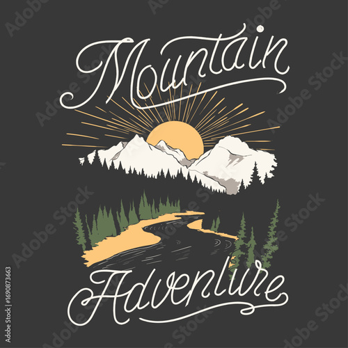 Mountain Adventure: A beautifully designed illustration showcasing a majestic mountain range with the sun rising and a winding river. An artistic embodiment of nature, adventure and landscape 