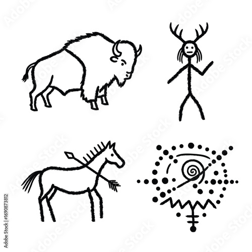 Set of four ancient petroglyph symbols featuring a bison shaman hunted horse and a spiral design.