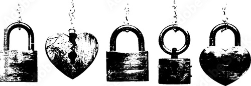 Grunge black and white illustration of padlock set with distressed heart design for urban art