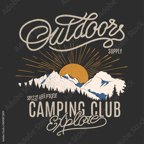 Outdoor Camping Club Emblem: A vintage emblem evoking the spirit of outdoor adventures, perfect for tee shirt sweatshirt prints for men's women's. featuring a stylized mountain range, sun and trees.
