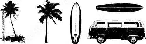 Grunge black and white palm tree and surfboard illustration set for vintage design
