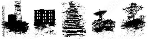 Black and white grunge panel set with urban and nature scenes for creative design projects