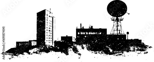 Urban grunge black and white illustration featuring industrial cityscape with buildings and antenna