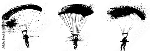 Grunge black and white parachute silhouette set for urban design and decor