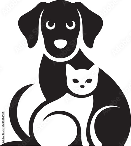 Dog and cat together minimalist vector logo friendly pets companionship black and white graphic