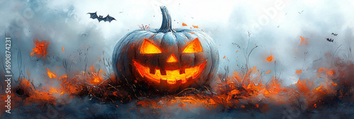 Incandescent jack-o'-lantern under mist — Halloween, supernatural, evocative, somber