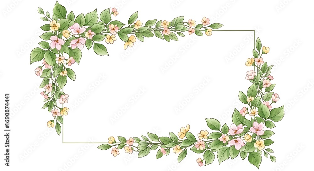 Fototapeta premium Elegant floral frame with pink and yellow blossoms design for greeting cards and invitations