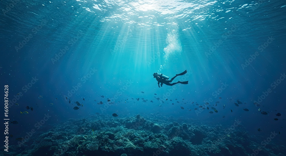 Fototapeta premium Ocean Diver Silhouette Sunbeams Illuminate Underwater Scene