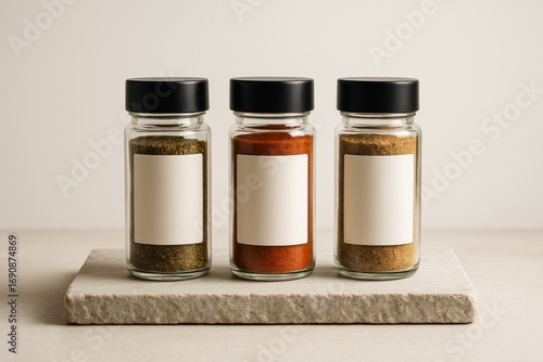 Fototapeta Naklejka Na Ścianę i Meble -  Three blank spice jar mockups with black lids on stone slab for branding and label design, minimal light background presentation setup. Ai generative