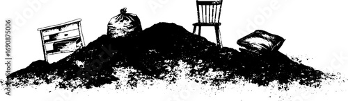 Grunge black and white set of pile with furniture and debris