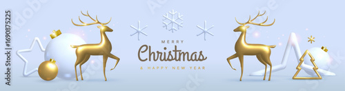 Christmas holiday white background with 3D plastic and metallic baubles, deer figurines and toys. Christmas greeting card, poster, banner. Vector illustration