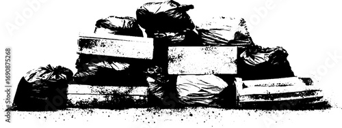 Grungy black and white illustration of pile of garbage bags and boxes for urban art design