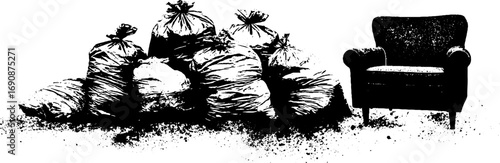 Urban grunge illustration of garbage bags and chair for vintage design and decor