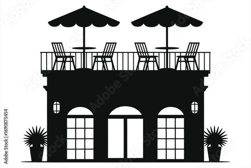 Boutique Hotel Silhouette with Rooftop Café Umbrellas and Chairs – Elegant Hospitality Building Vector, Outdoor Terrace Dining, Urban Architecture Icon for Travel, Lodging, Restaurant Design Projects