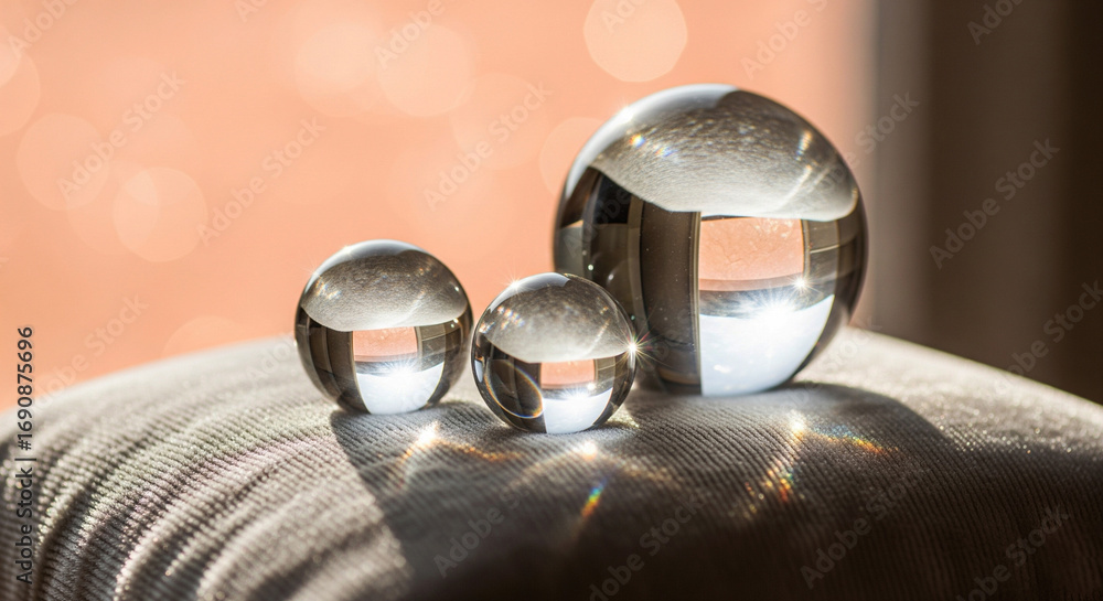 Fototapeta premium Three Crystal Balls on Soft Cushion with Warm Peach Bokeh Background