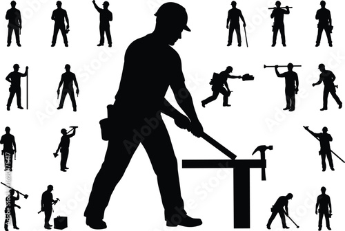 Silhouette construction workers, men with tools, hammering, lifting, carrying, heavy labor, teamwork on site, industrial job, building structure, vector black worker silhouettes illustration