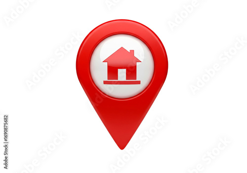 Red 3D glossy map pin icon with a white circle and red house symbol for home location, property address, or real estate on white.