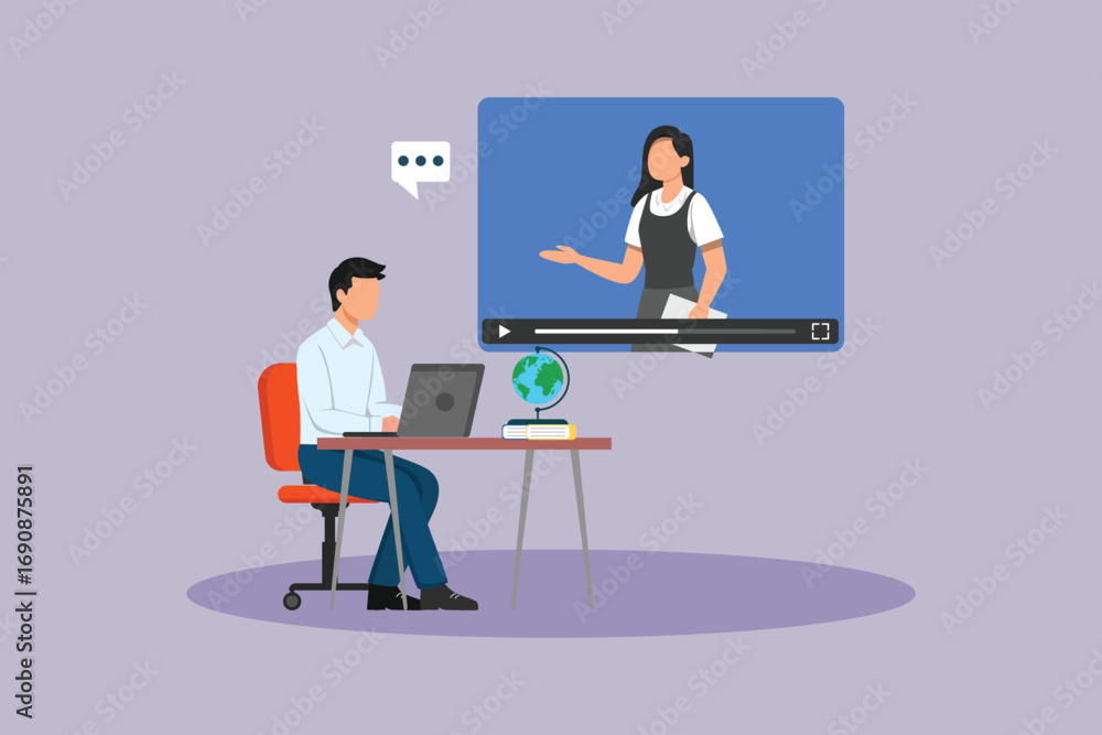 Fototapeta premium Online webinar by female resource person. Study online Concept. Colored flat vector illustration isolated