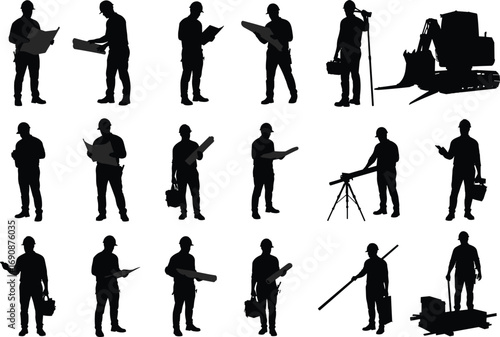 Silhouette construction workers, men reading blueprints, planning structure, surveying site, carrying tools, operating machinery, heavy labor, industrial job