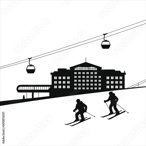 Ski Resort Silhouette: Modern Hotel with Gondola & Skiers - Winter Vacation, Alpine Lodge, Mountain Travel, Sports Icon for Branding