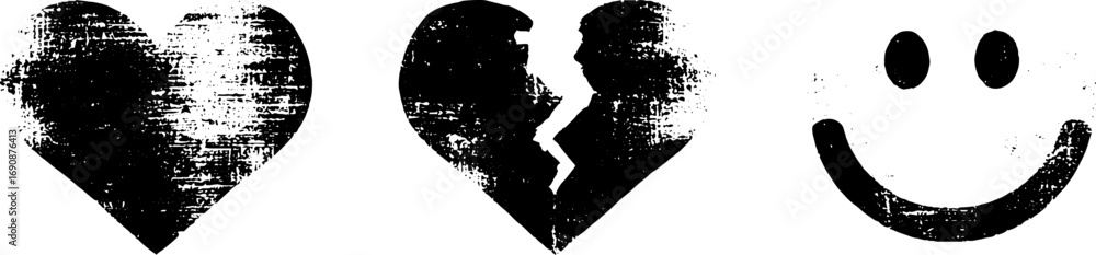 Obraz premium Grunge black and white pixel art set with heart broken heart and smile