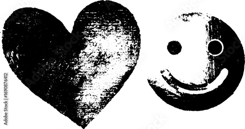 Grunge black and white heart and smiley face illustration for urban art design
