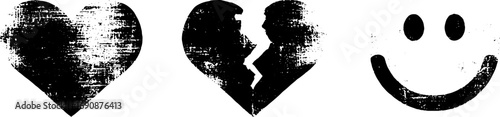 Grunge black and white pixel art set with heart broken heart and smile