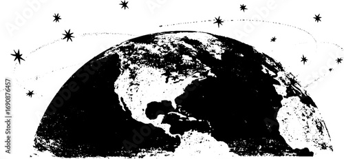Grunge black and white planet illustration with stars for creative designs