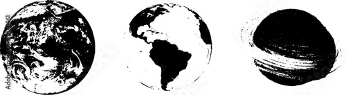 Grunge black and white planet illustrations set for design and decoration