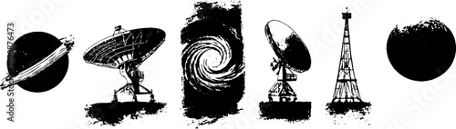 Grunge black and white space illustration with planets and satellites set for design projects