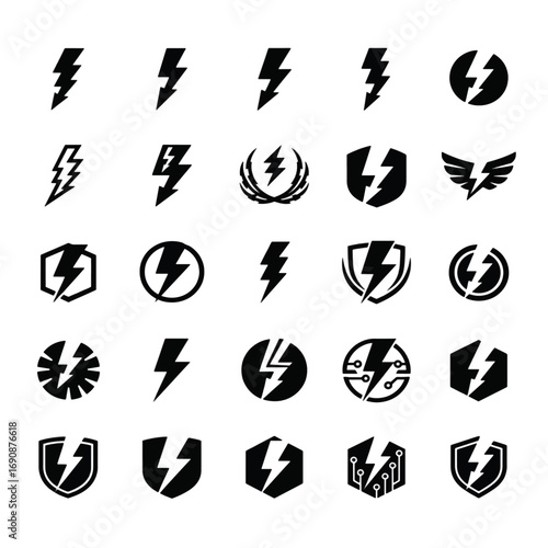 Dynamic lightning bolt vector icon set with modern thunderbolt energy symbols, electric power logo design elements for technology, energy branding, and graphic resources