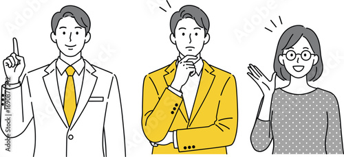 Three characters with gestures, cartoon illustration, flat design, vector art, communication concept, thinking pose, greeting, expression, social interaction, character design