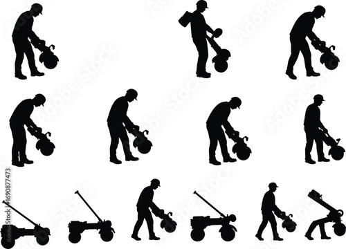 Silhouette construction worker, man using concrete cutter machine, road work, cutting ground, heavy labor, industrial job, repair work, vector black worker silhouettes illustration