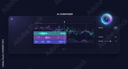 Futuristic AI music composer UI with sound wave visualization, digital control, interactive assistant interface for generative music, creative audio production, and artificial intelligence technology