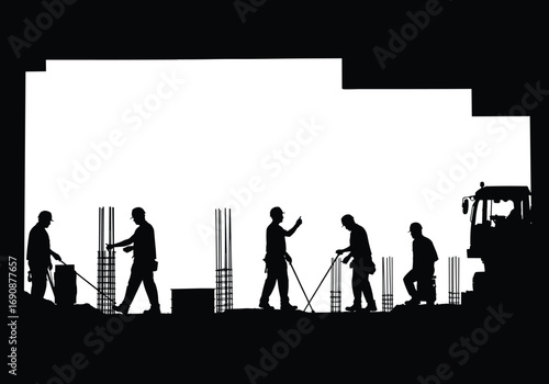 Silhouette construction workers, men building structure, using tools, teamwork on site, reinforcement bars, heavy labor, industrial job, vector black worker silhouettes illustration