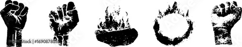 Grunge black and white illustration set of raised fists for activism and protest design